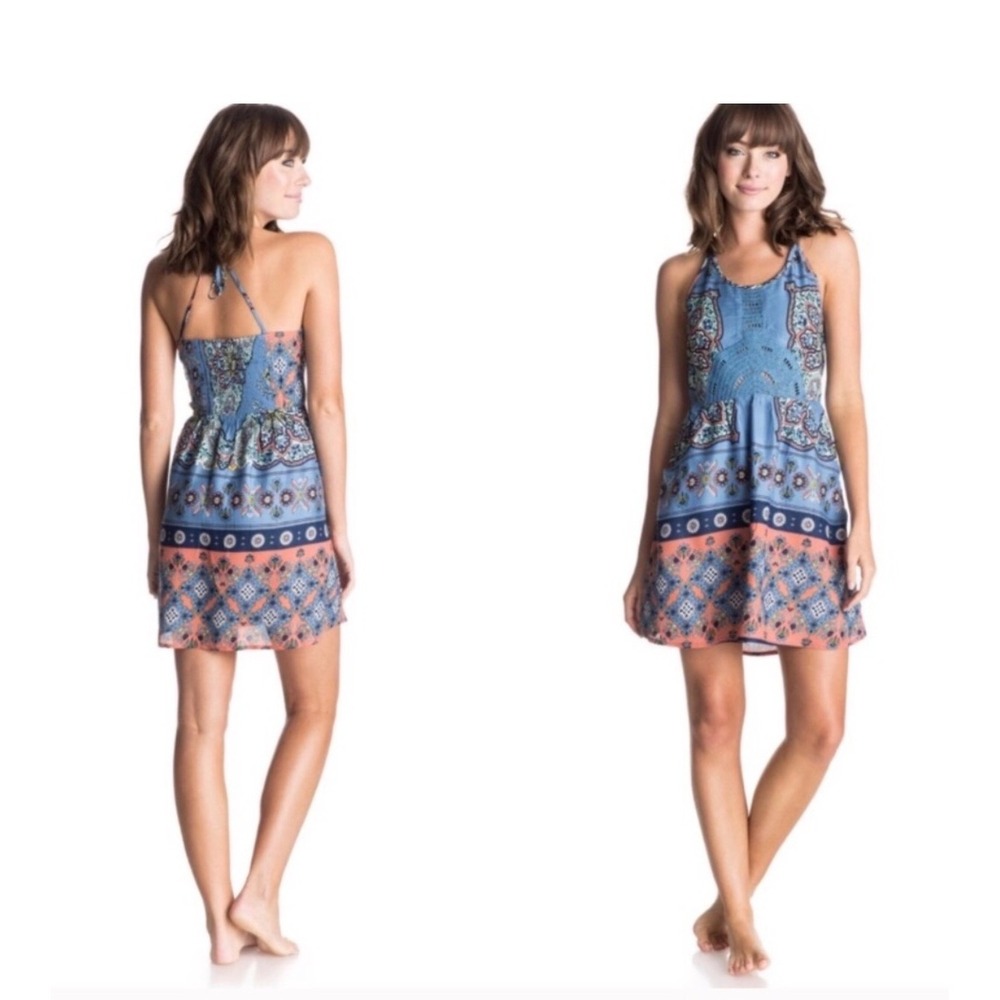 Roxy Dance to the Beat Sundress Womens S Paisley Crochet Blue Coral Pockets Boho